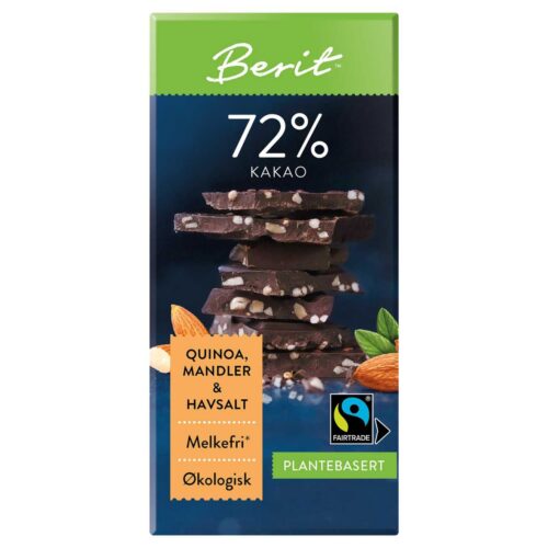Berit Sjokolade 72% Kakao Quinoa, Mandler og Havsalt